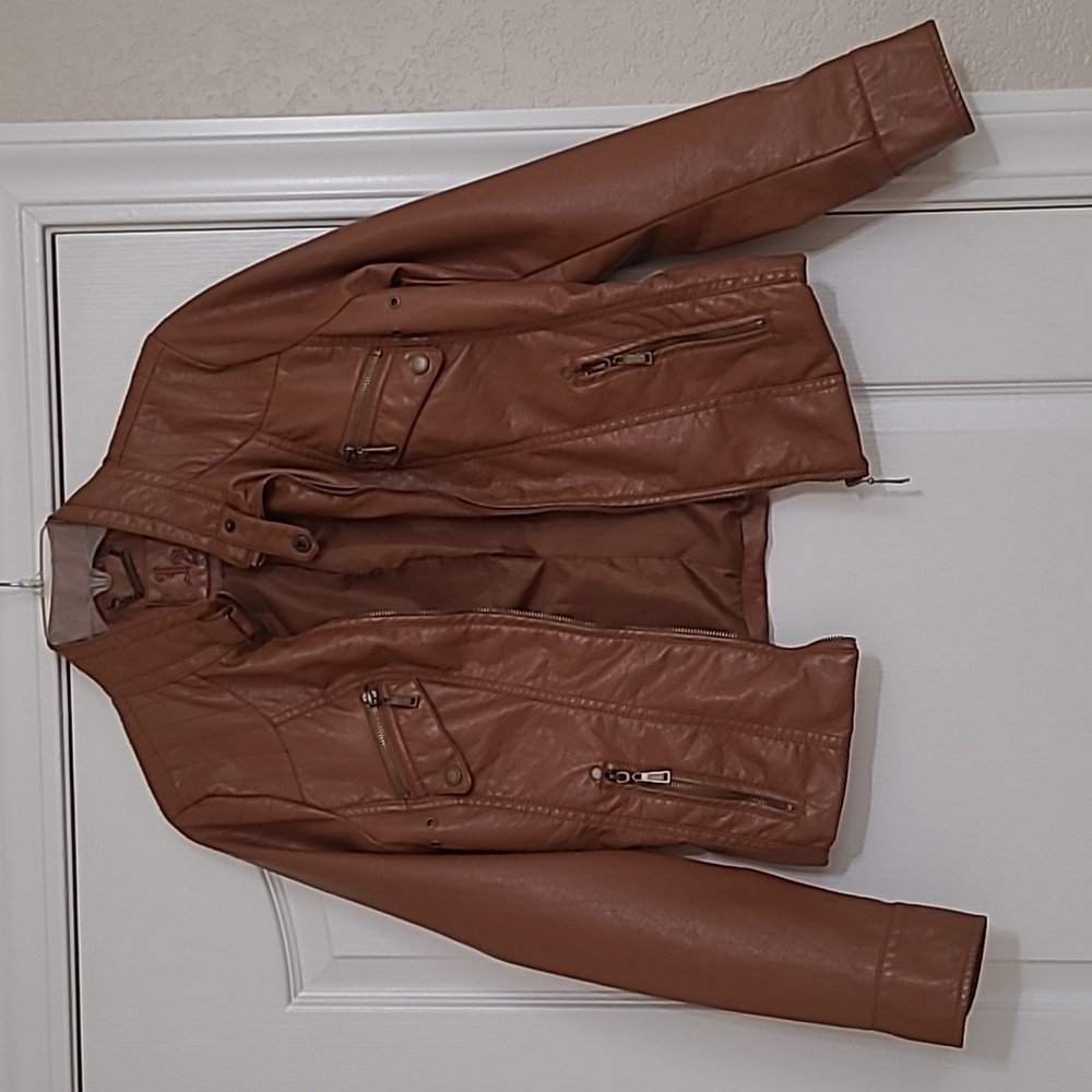 J-2 faux leather jacket. Size Large (juniors). Light brown.